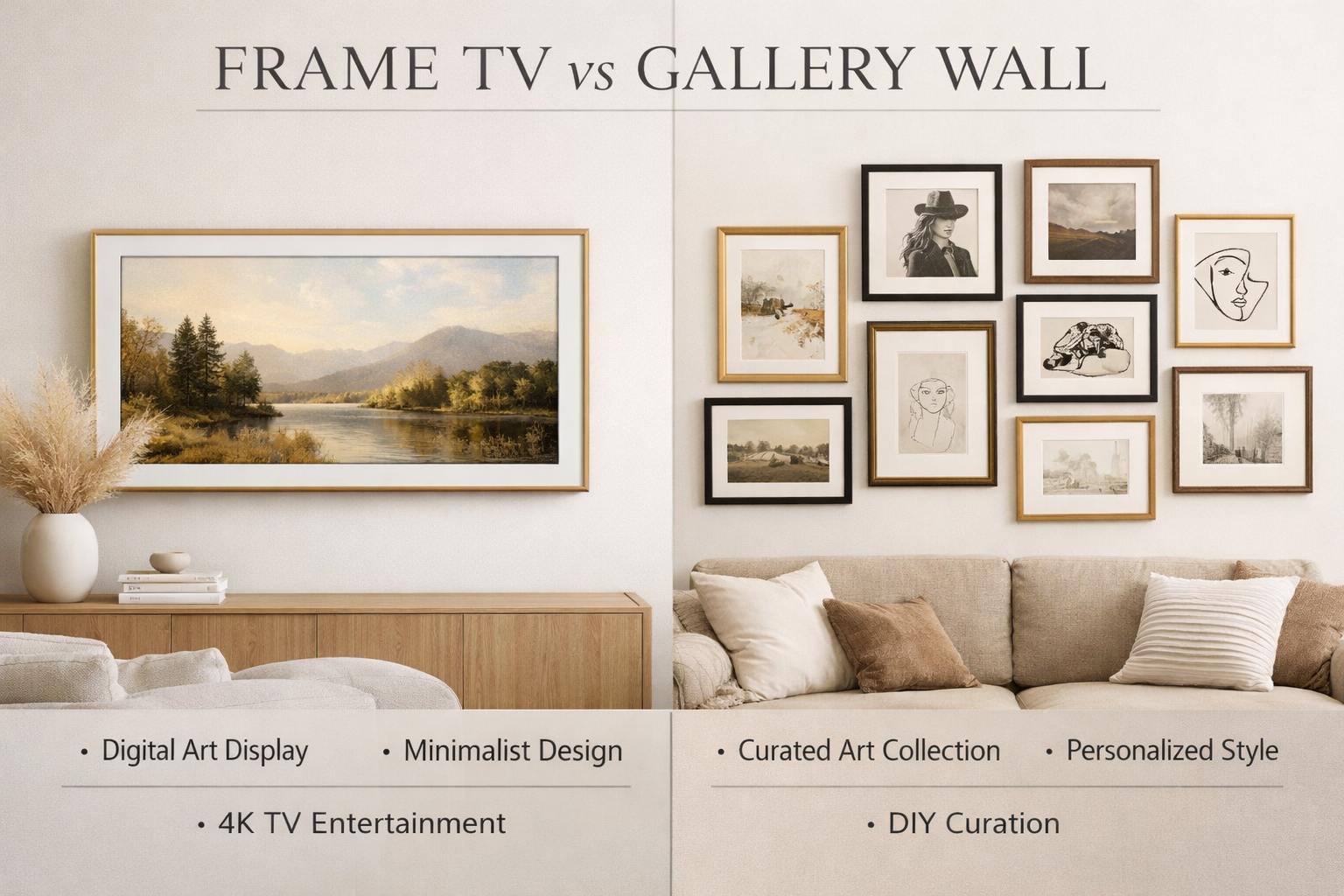 Frame TV vs Gallery Wall comparison graphic in a neutral living room.