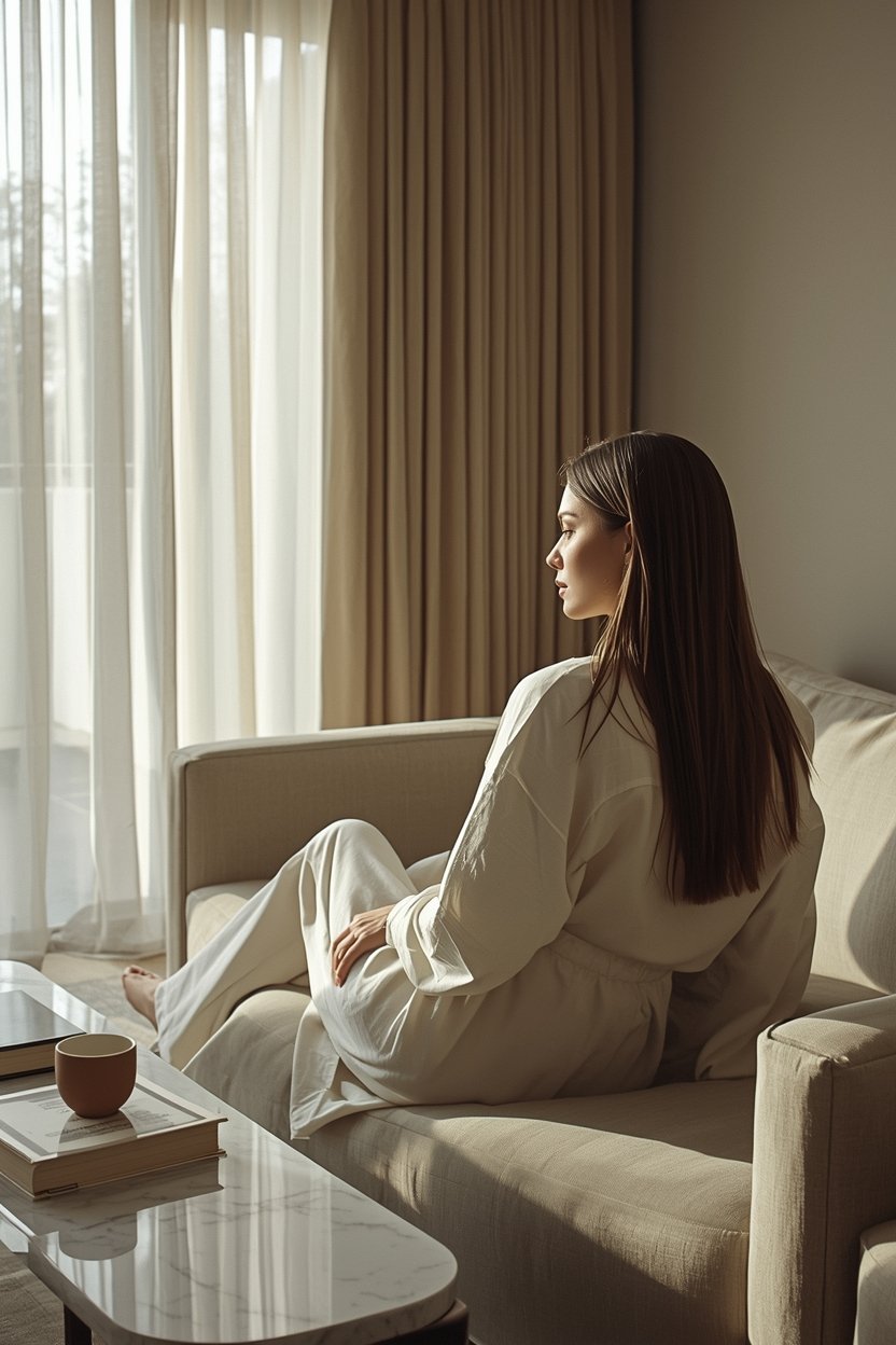 Woman in a calm, minimalist interior reflecting quiet luxury and refined living