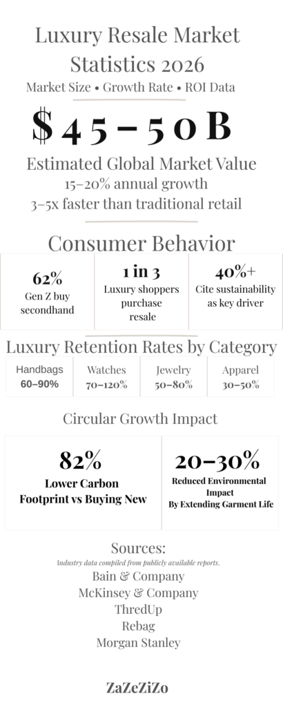 Luxury resale market statistics 2026 infographic showing $45–50B market size, 15–20% growth rate, retention rates, and sustainability impact data.